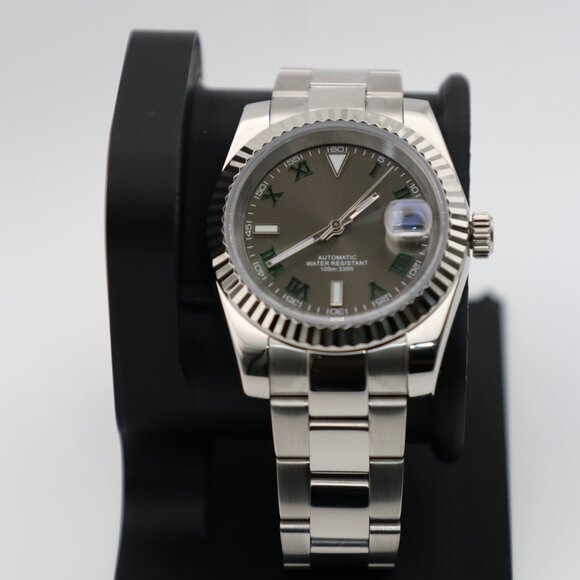 Elegant Stainless Steel Date Watch – 39mm, Dark Grey Dial w/ Green Roman Numeral - Picture 1 of 7
